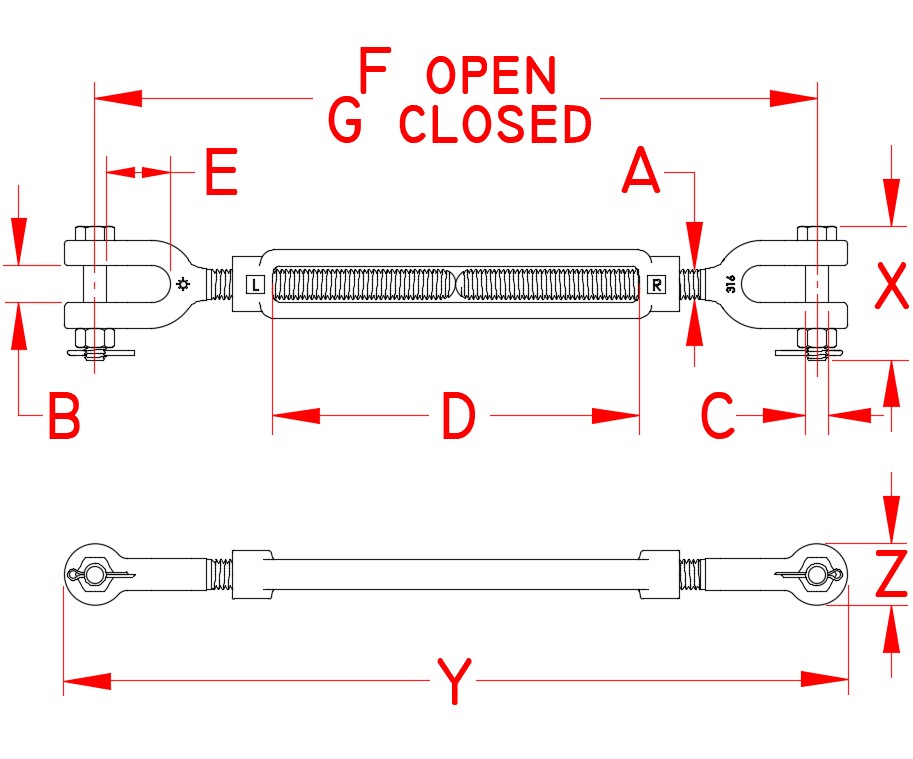 Stainless Steel Forged Jaw and Jaw Turnbuckle, S0108-JJ07, S0108-JJ08, S0108-JJ10, S0108-JJ13, S0108-JJ16, S0108-JJ20, S0108-JJ25, S0108-JJ25-1, S0108-JJ32-1, S0108-JJ38-1, Line Drawing Stainless Steel Forged Jaw and Jaw Turnbuckle, S0108-JJ07, S0108-JJ08, S0108-JJ10, S0108-JJ13, S0108-JJ16, S0108-JJ20, S0108-JJ25, S0108-JJ25-1, S0108-JJ32-1, S0108-JJ38-1, Line Drawing
